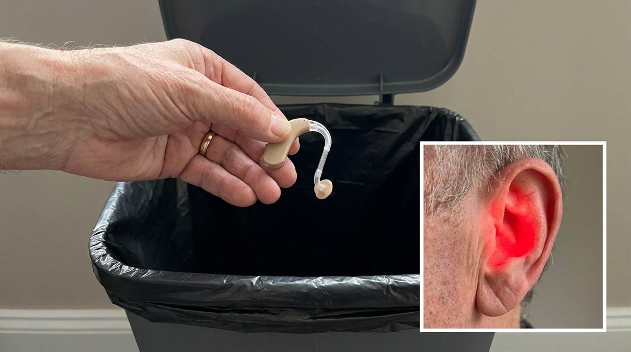 Hand holding a hearing aid over a waste bin with an inset showing red light in an ear.