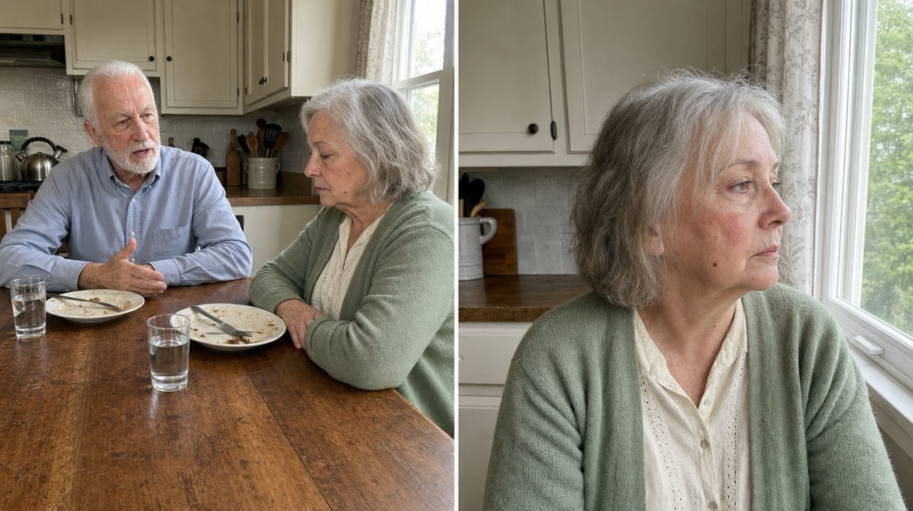 Margaret withdrawing from a kitchen-table conversation and looking quietly through a window.
