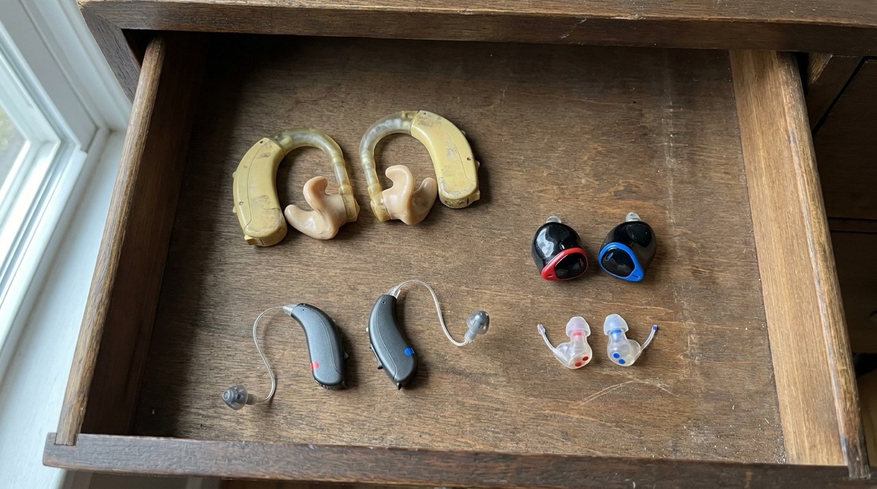 Several pairs of hearing aids arranged in an open wooden drawer.