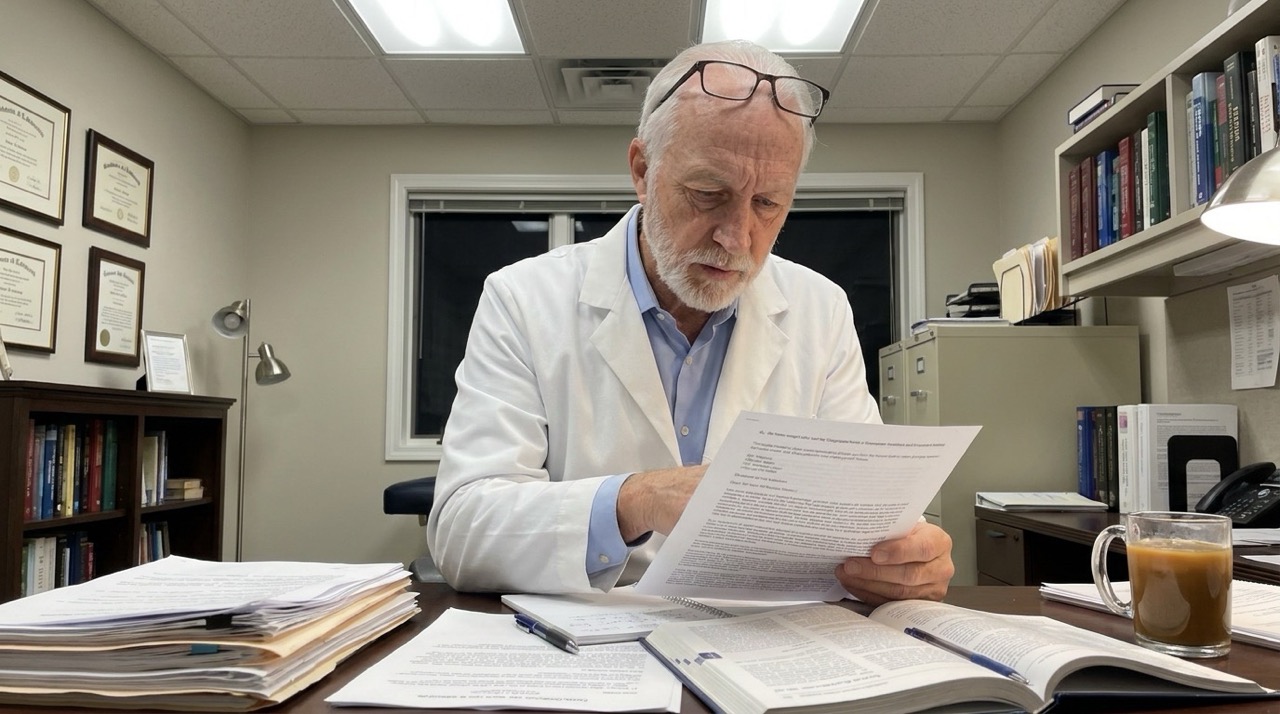 Dr. Rennard reviewing studies and notes late at night.