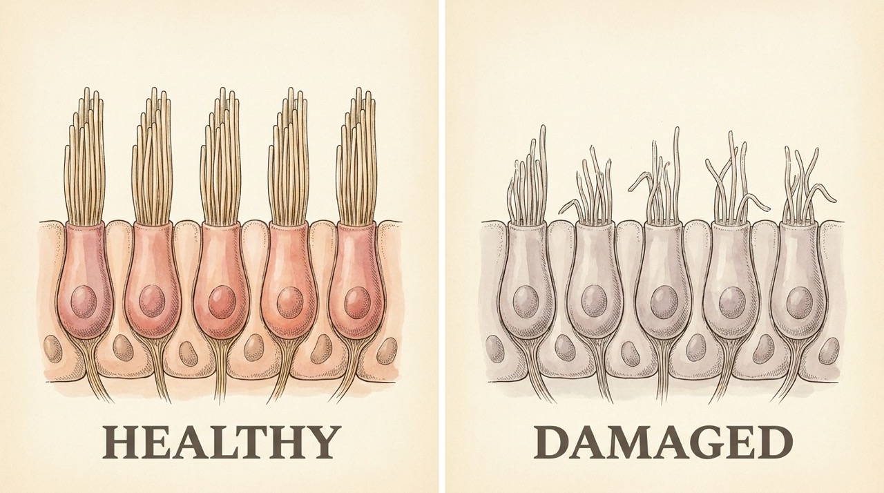 Medical illustration comparing healthy inner-ear hair cells with damaged hair cells.