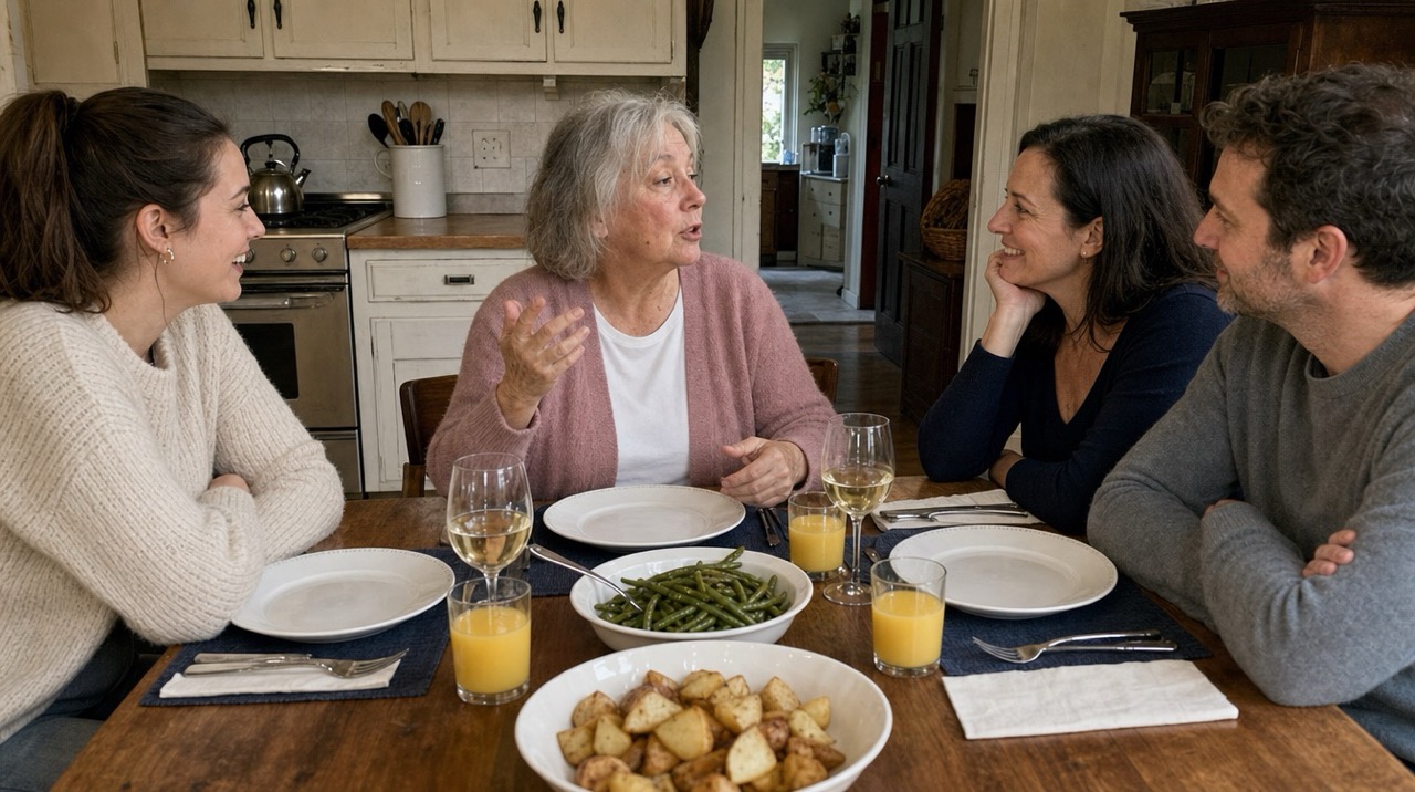 Margaret animatedly sharing a story at a family dinner table.