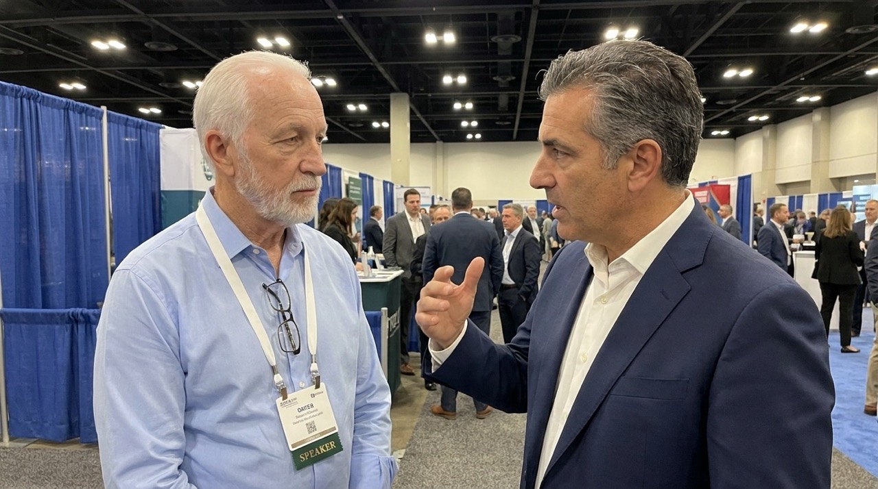 Dr. Rennard in a serious conversation with a colleague at an industry conference.