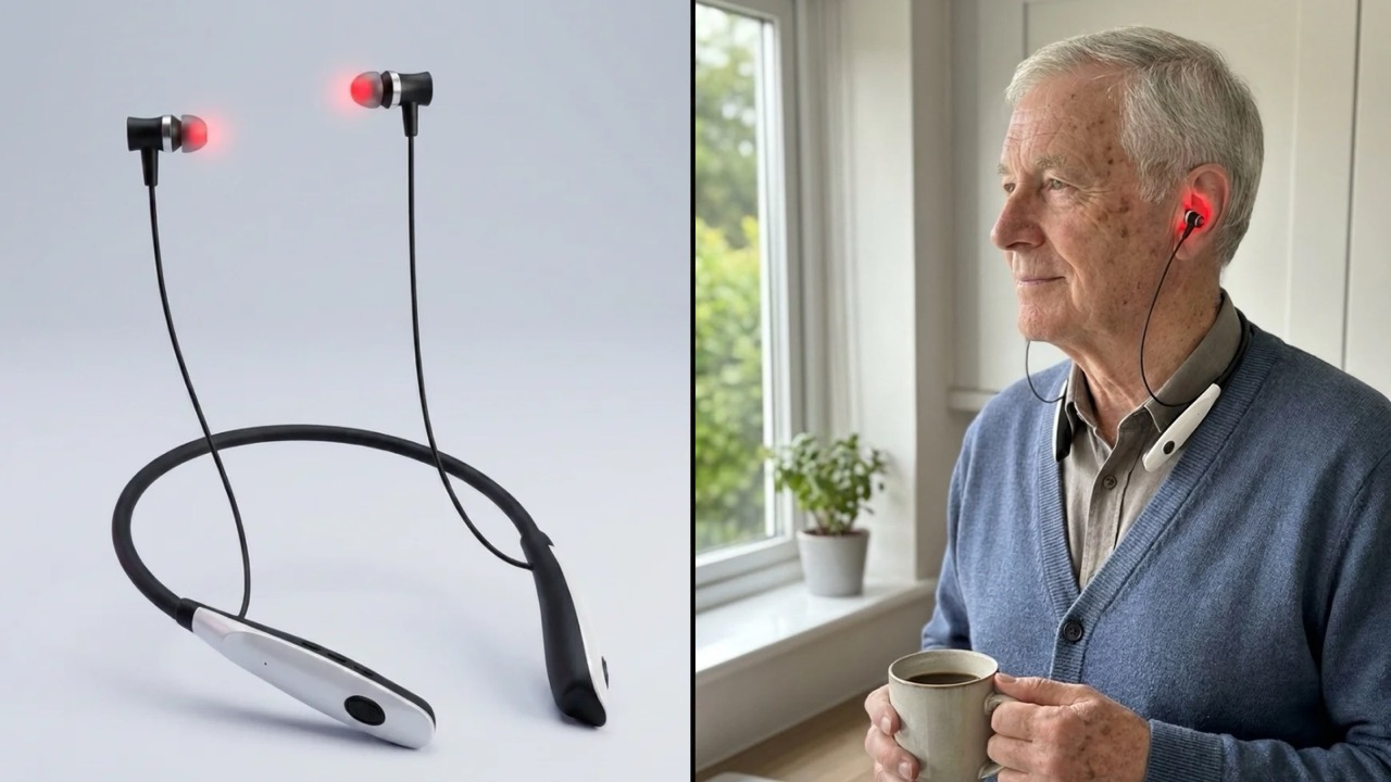 ReHears neckband and red-light earbuds shown beside an older man wearing the device.