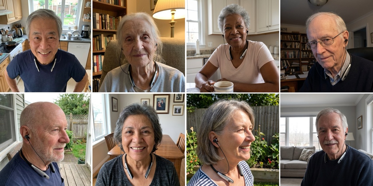 Collage of older adults wearing ReHears in their homes.