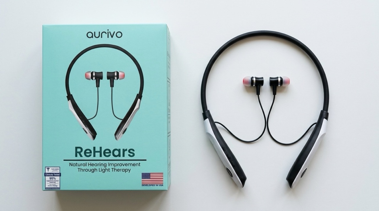 Aurivo ReHears retail box beside the neckband device and earbuds.