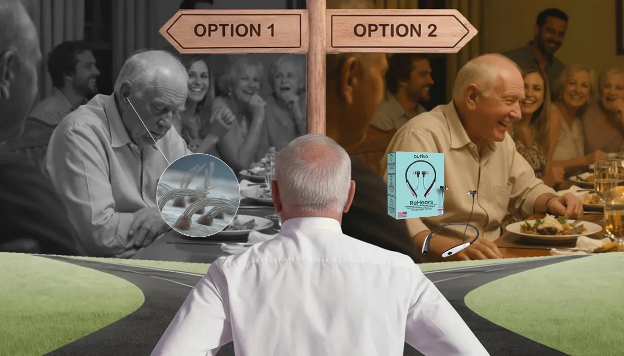 Visual comparison between continued hearing isolation and rejoining family conversation with ReHears.