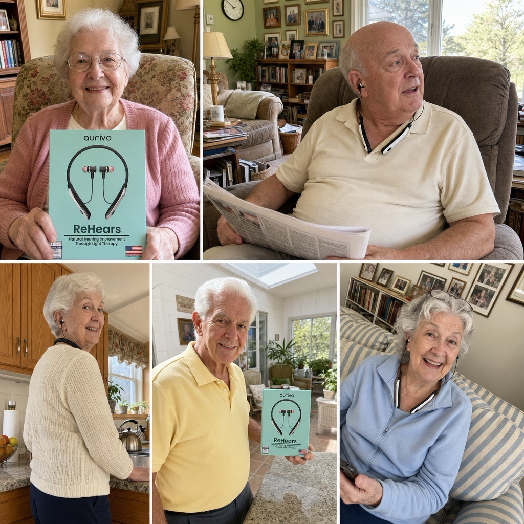 Collage of older customers holding or wearing Aurivo ReHears at home.