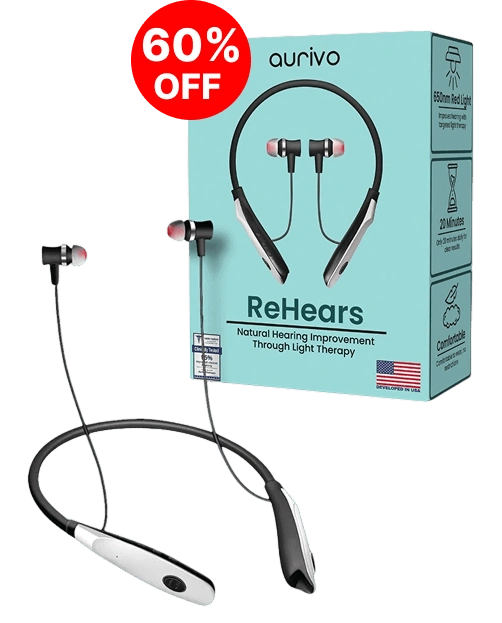 Aurivo ReHears device and box with a 60 percent off badge.