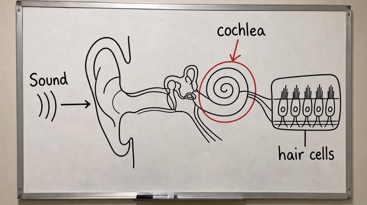 Hand-drawn whiteboard diagram showing how sound reaches the cochlea and hair cells.