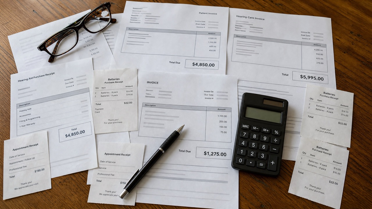 Hearing-aid receipts and invoices spread across a table with totals visible.